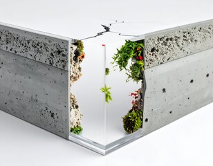 Concrete corner table with interior vegetation seen through a transparent layer