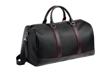 Black leather duffle bag with red accents isolated on transparent background