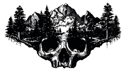 Line art illustration of a skull depicting a mountain and forest landscape for nature and adventure themes
