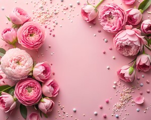 8-march concept. Top view photo of pink peony roses and sprinkles on isolated pastel pink background with blank space
