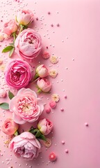 8-march concept. Top view photo of pink peony roses and sprinkles on isolated pastel pink background with blank space