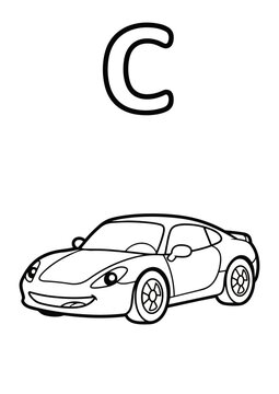 Letter C Coloring Book Page for Kids with Cute Car. Vector Outline Illustration.
