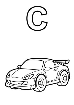 Letter C Coloring Book Page for Kids with Cute Car. Vector Outline Illustration.