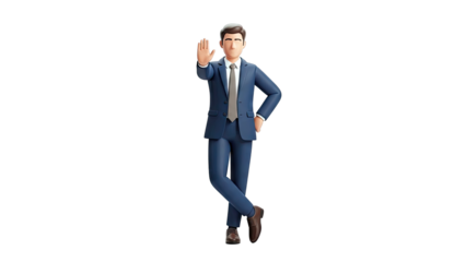 3D Businessman in Suit Gesturing 'Stop'
