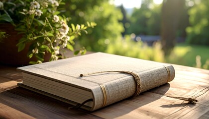 A sunlit, neutral-toned book rests on a wooden surface beside floral decor