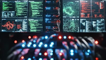 A dimly lit server room with numerous screens displaying vibrant green, red, and blue data visualizations and codes, with a central console glowing brightly - Powered by Adobe