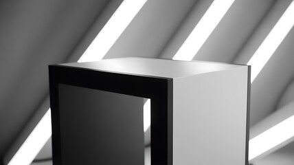 A close-up view of a minimalist white and black rectangular podium or display stand with a dark frame against a background of blurred diagonal white light streaks suggesting a modern exhibition or