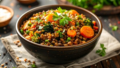 A brown bowl of cooked lentils, vegetables, and parsley