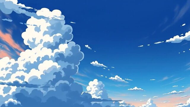 Vibrant Anime Blue Sky Background with Puffy Clouds with Copy Space