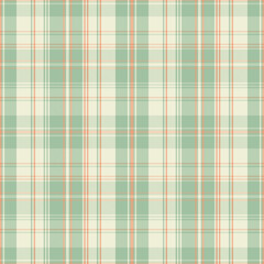 Seamless pastel plaid pattern with soft green, beige and coral stripes in modern tartan style. Ideal for fabric, wallpaper, packaging, stationery and digital backgrounds. Vector illustration.