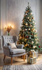 Interior of festive living room with grey armchair and gift boxes under Christmas tree