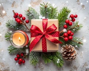 Share your warm wishes with this image idea. Top view of magnificent giftbox with red ribbon, sparkling ornaments, frosty fir, cone, holly berries, candle on light backdrop, ready for personalized ad