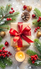 Share your warm wishes with this image idea. Top view of magnificent giftbox with red ribbon, sparkling ornaments, frosty fir, cone, holly berries, candle on light backdrop, ready for personalized ad