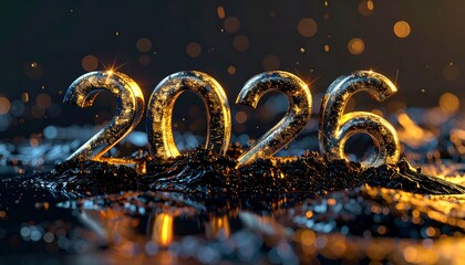 Gleaming, metallic 2026 text rises from dark, reflective surface, bokeh background