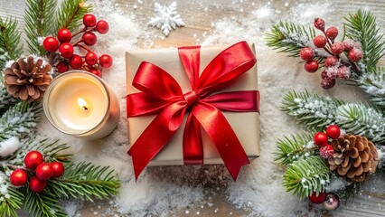 Share your warm wishes with this image idea. Top view of magnificent giftbox with red ribbon, sparkling ornaments, frosty fir, cone, holly berries, candle on light backdrop, ready for personalized ad