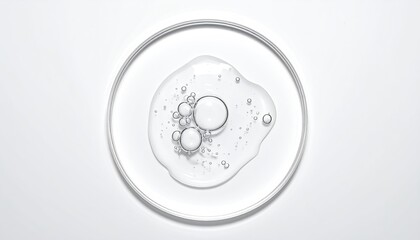 Clear serum in dish with bubbles, on a white background