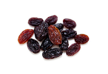Dried raisins isolated on white background.