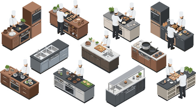 Isometric chef kitchen illustration set, professional cooks preparing food, restaurant workspace scenes, modern culinary interior design