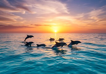 Pod of Dolphins Leaping Out of the Ocean at Sunset with Colorful Sky Keywords: dolphin, dolphins, ocean, sea, water, sunset, sunrise, sky, clouds