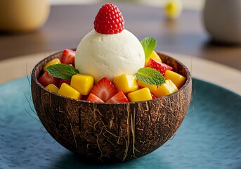 Refreshing Mango and Strawberry Ice Cream Dessert in a Coconut Shell with Raspberry Garnish Keywords: dessert, ice cream, mango, strawberry, raspberry