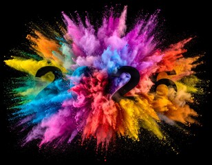 25" formed by dark numbers, bursting through vibrant color explosion