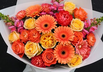 Vibrant Bouquet of Orange Yellow and Pink Flowers with Gerbera Daisies and Roses Keywords: bouquet, flowers, floral arrangement, gerbera daisy, rose