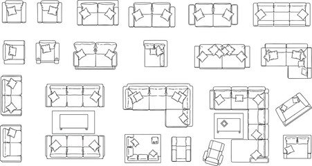 Sofa top view outline vector illustration set, living room furniture layout collection, couch floor plan icons isolated © VectoBloom