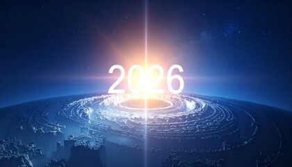 Futuristic depiction of the year 2026, over a stylized earth with light