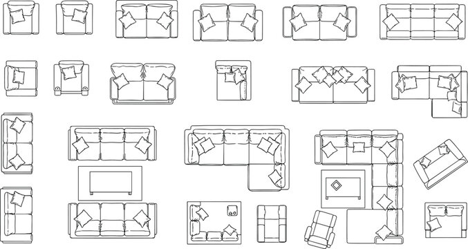 Sofa top view outline vector illustration set, living room furniture layout collection, couch floor plan icons isolated