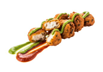 crispy fried sushi bites with green wasabi drizzle and red sauce