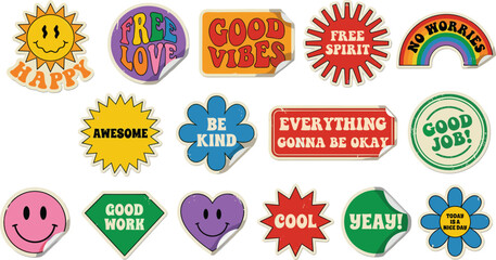 Retro positive quote stickers set, colorful happy vibes labels, motivational phrases, boho typography badges, fun encouragement illustrations © Mosharaf Creative