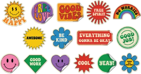 Schilderijen op glas Positive Typography Retro positive quote stickers set, colorful happy vibes labels, motivational phrases, boho typography badges, fun encouragement illustrations  © Mosharaf Creative
