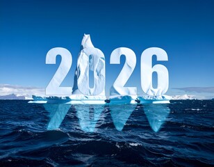 2026" text integrated with an iceberg in a vast ocean