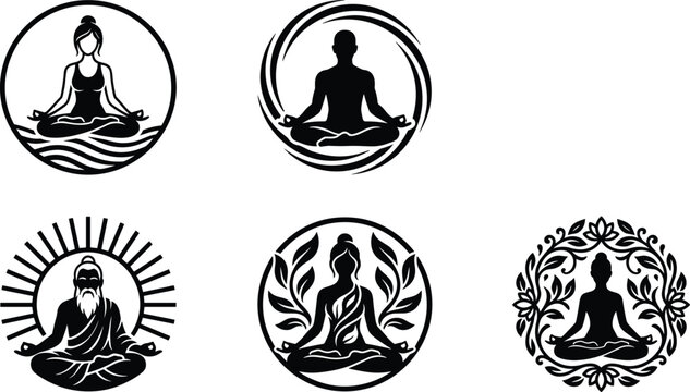 Yoga meditation silhouette logo set mindfulness zen spiritual wellness circular black vector icons calm balance energy collection