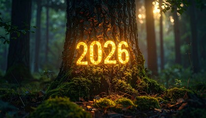 Illuminated 2026 embedded in a tree trunk within a sunlit forest