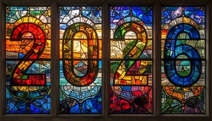 Stained glass panels with colorful numerals spell out the year 2026