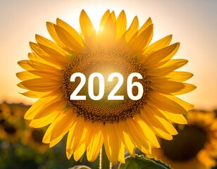 A bright sunflower with the year 2026 at its center against the sunset