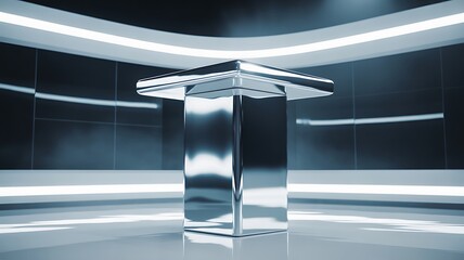 Futuristic metallic podium with reflective surfaces and glowing white LED strip lights in a dark, high-tech exhibition hall or stage setting with mirrored walls