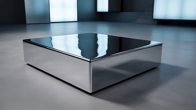 Sleek minimalist square chrome coffee table with highly reflective surface and subtle blue lighting in a modern architectural interior setting with polished concrete floor