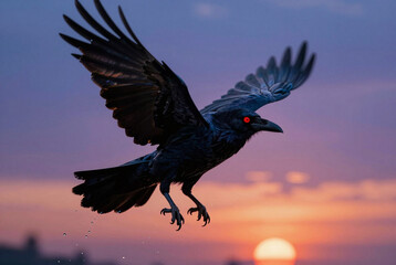 Fototapeta premium Red eyed crow in flight against a sunset sky.