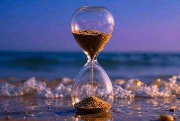 Hourglass on the beach with a blue sky in the background