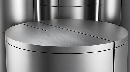 Close-up view of a brushed metal cylindrical display stand with a segmented and a subtle linear groove against a background of similar metallic cylindrical structures