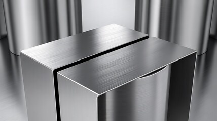 Close-up of two brushed metal rectangular blocks with smooth rounded edges and a subtle linear separation, set against a backdrop of blurred metallic cylindrical forms