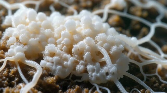 Close-up view of a white slime mold with intricate, branching structures on a textured surface.