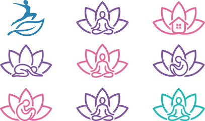 Yoga meditation lotus icon set mindfulness wellness home pregnancy fitness spirituality linear logo symbols modern vector collection