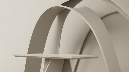 Minimalist beige abstract stage with curved layered shapes and a flat rectangular platform in the foreground, creating a modern and clean display area with soft lighting and neutral tones