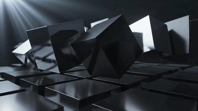 Abstract composition of dark, reflective cubes tumbling and resting on a grid of square platforms with dramatic lighting.