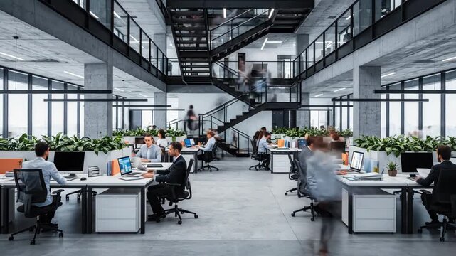 Busy modern office space with people working at desks and walking around