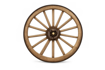 Wooden wagon wheel illustrating historical transportation, old cart technology, and rustic design elements on a transparent background