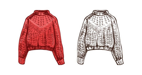 Hand drawn vintage sketch of cozy knitted sweater in red color and monochrome version, isolated vector illustration